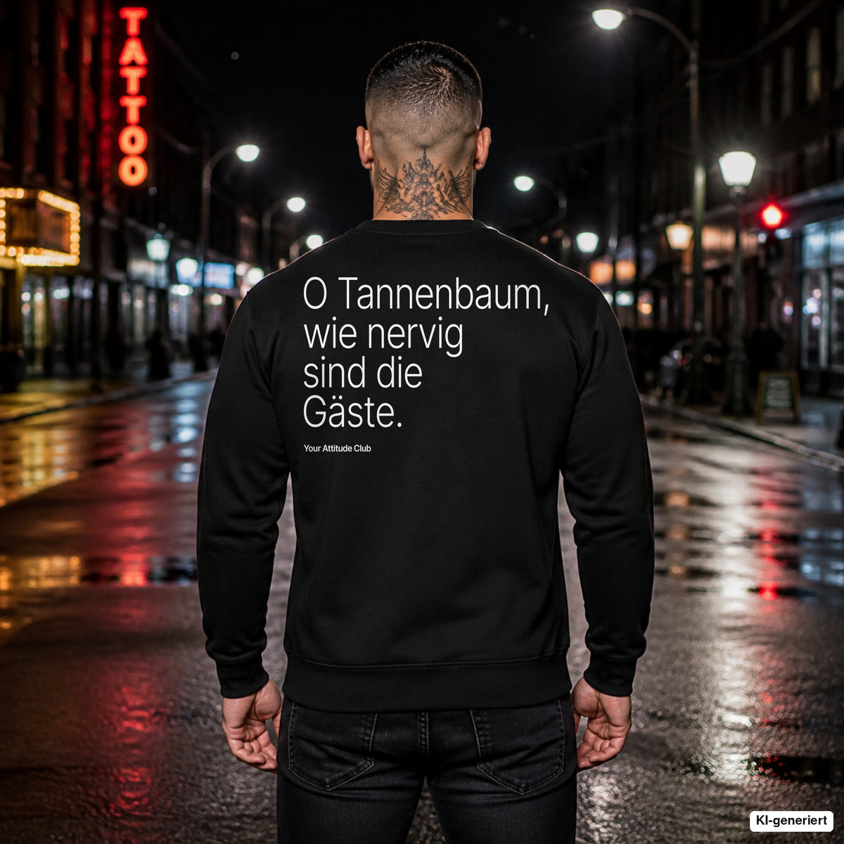 O Tannenbaum, wie nervig sind die Gäste – schwarzer Weihnachtspullover mit weißem Backprint, Herren in der Stadt bei Nacht