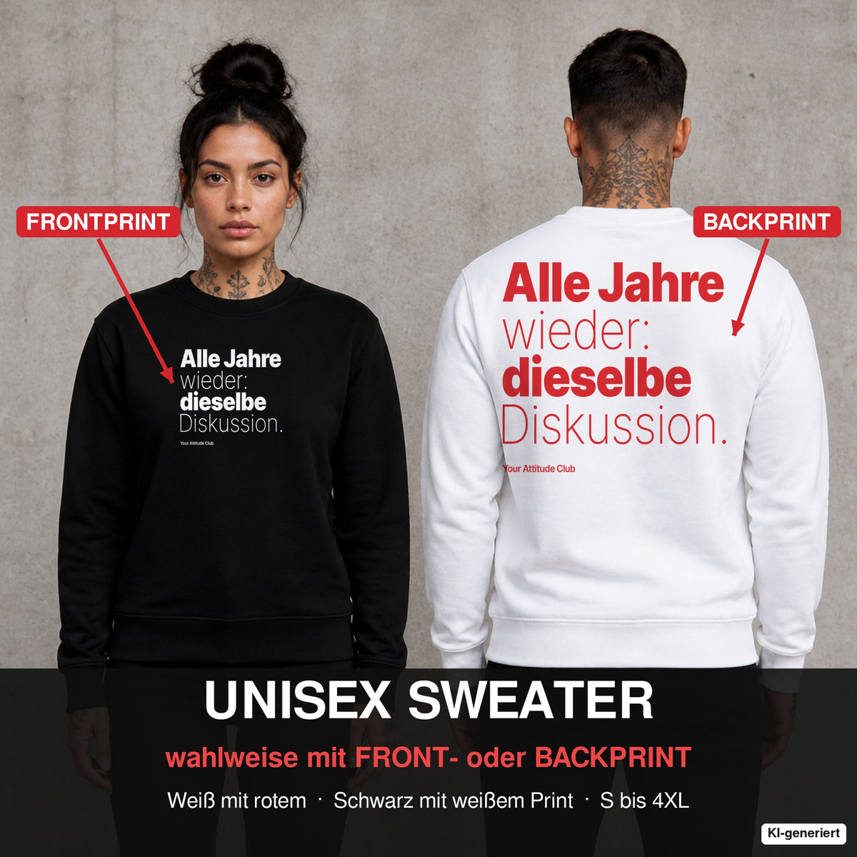 Alle Jahre wieder: dieselbe Diskussion – Weihnachtspullover wahlweise mit Front- oder Backprint, Paar vor Betonwand