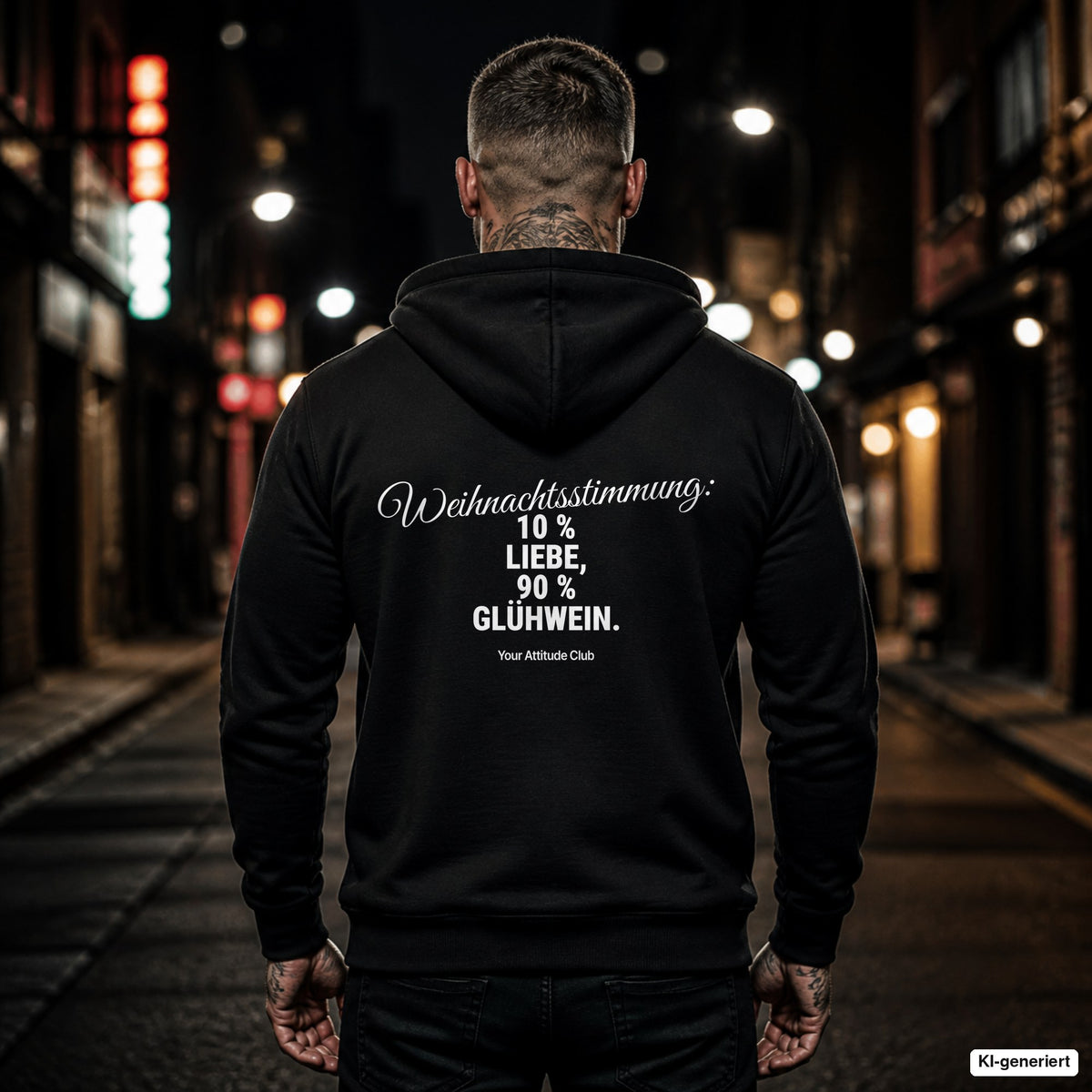 Weihnachtsstimmung – 10 Prozent Liebe, 90 Prozent Glühwein – schwarzer Hoodie mit weißem Backprint, Herren in der Stadt bei Nacht