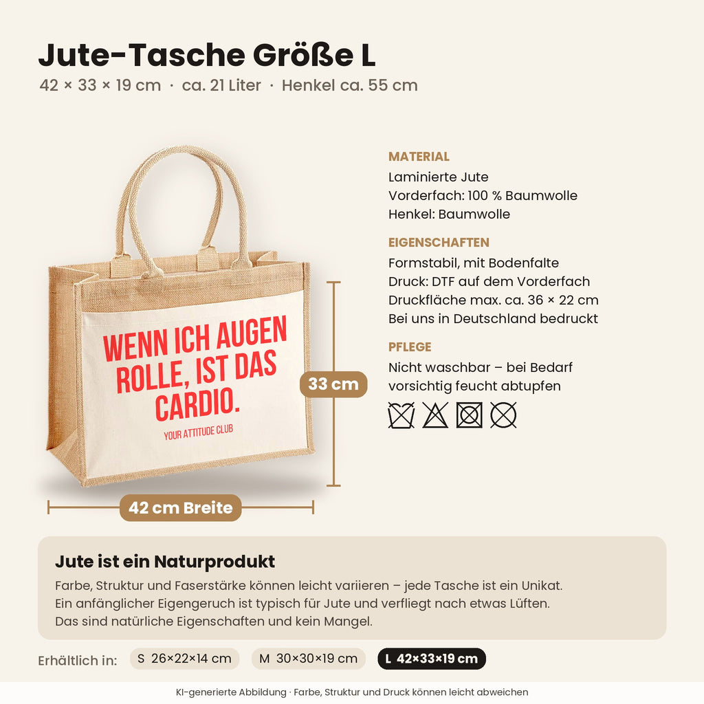 Wenn ich Augen rolle, ist das Cardio. – Jutetasche mit Spruch, Maße, Material und Pflege