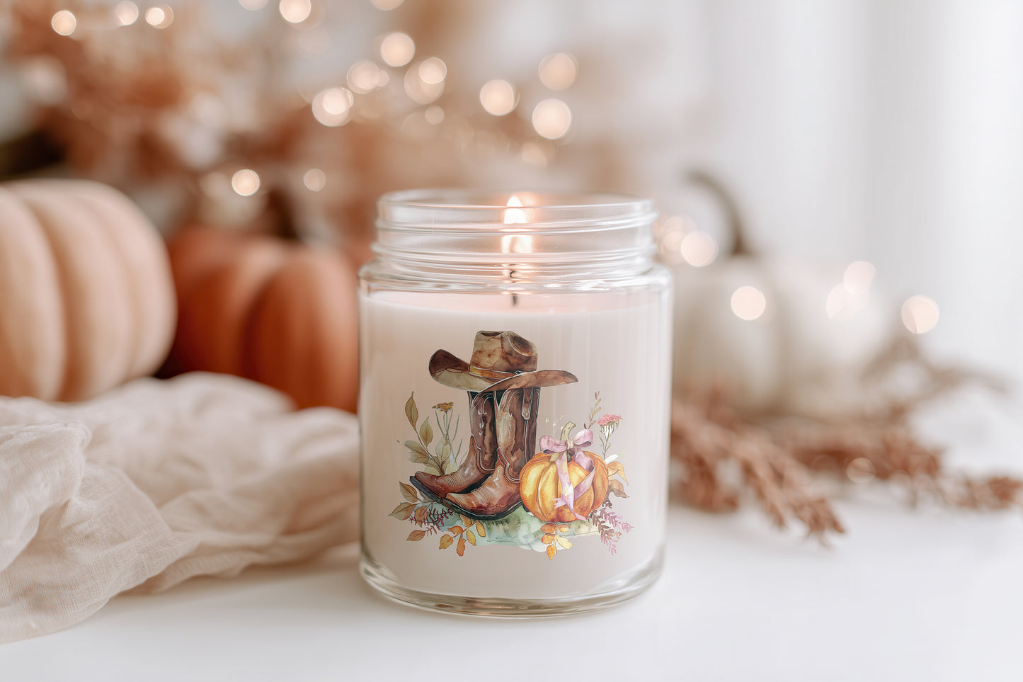 Western Boots Kürbis Kerze Herbst Duftkerze Halloween Kerze vegane Sojawachs Kerze Deko Geschenkidee nachhaltig cozy vibes