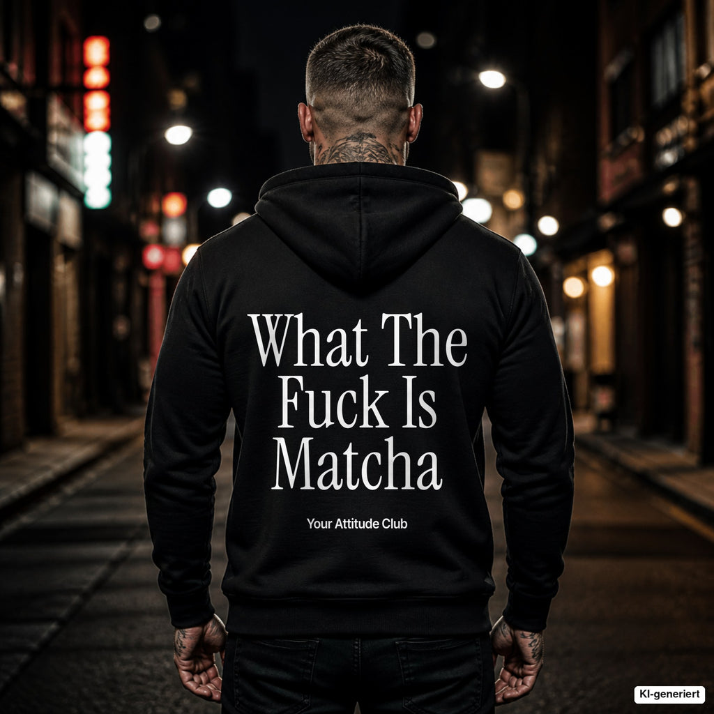 What The Fuck Is Matcha – schwarzer Hoodie mit weißem Backprint, Herren in der Stadt bei Nacht