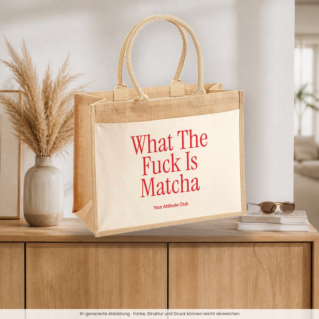 What The Fuck Is Matcha – Jutetasche mit Spruch, auf dem Sideboard im Flur
