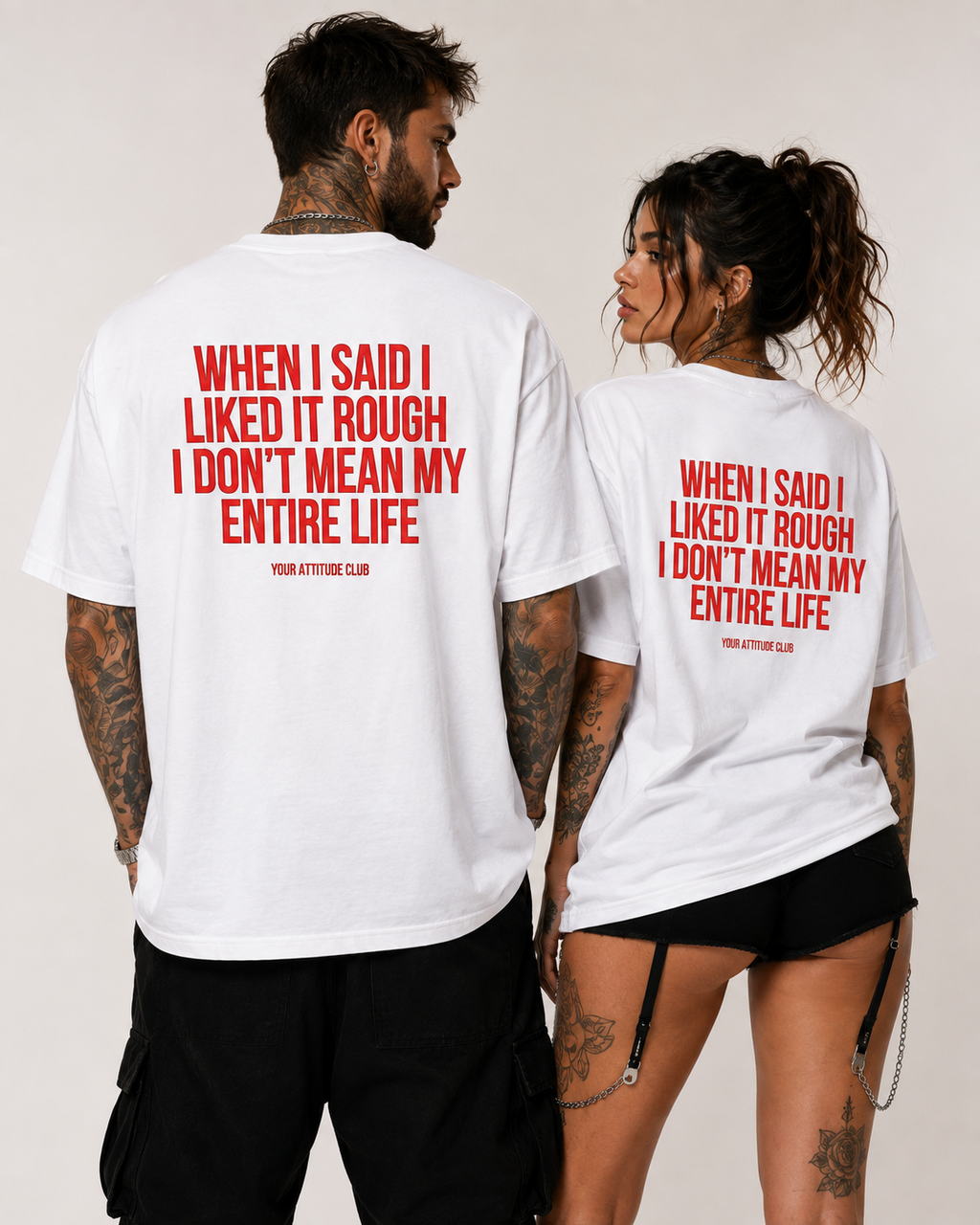 WHEN I SAID I LIKED IT ROUGH I DON’T MEAN MY ENTIRE LIFE – Oversize Unisex Shirt Schwarz, frecher Spruch, schwarzer Humor, Statement Shirt, Backprint