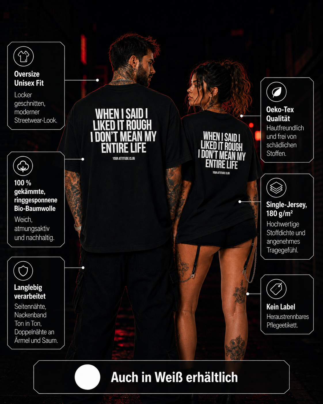 WHEN I SAID I LIKED IT ROUGH I DON’T MEAN MY ENTIRE LIFE – Oversize Unisex Shirt Schwarz, frecher Spruch, schwarzer Humor, Statement Shirt, Backprint