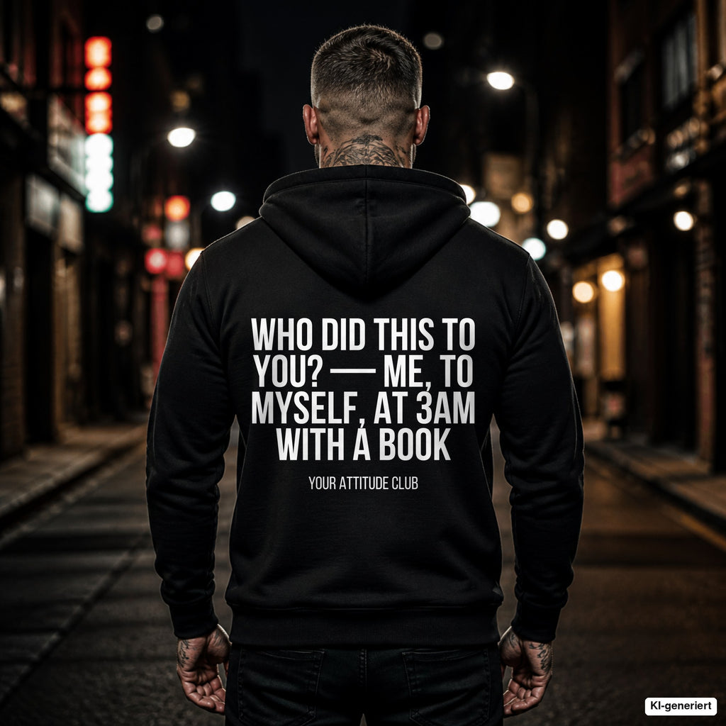 Who did this to you? — Me, to myself, at 3am with a book – schwarzer Hoodie mit weißem Backprint, Herren in der Stadt bei Nacht