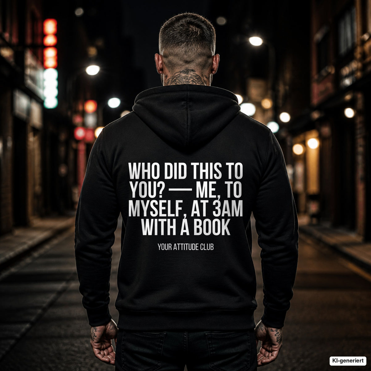 Who did this to you? — Me, to myself, at 3am with a book – schwarzer Hoodie mit weißem Backprint, Herren in der Stadt bei Nacht