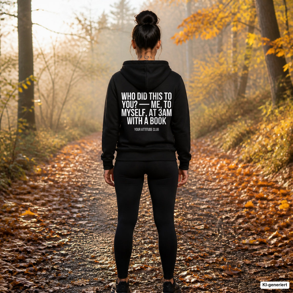 Who did this to you? — Me, to myself, at 3am with a book – schwarzer Hoodie mit weißem Backprint, Damen beim Joggen im Herbst