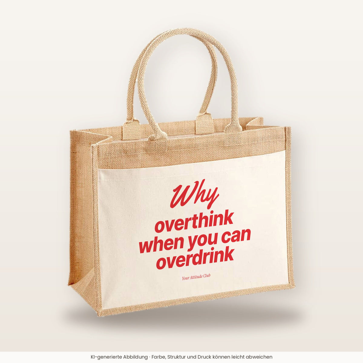 Why Overthink When You Can Overdrink – Jutetasche mit Spruch, große Jutetasche, Produktansicht