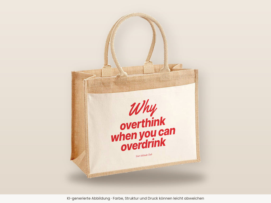 Why Overthink When You Can Overdrink – Jutetasche mit Spruch, große Jutetasche, Detailansicht