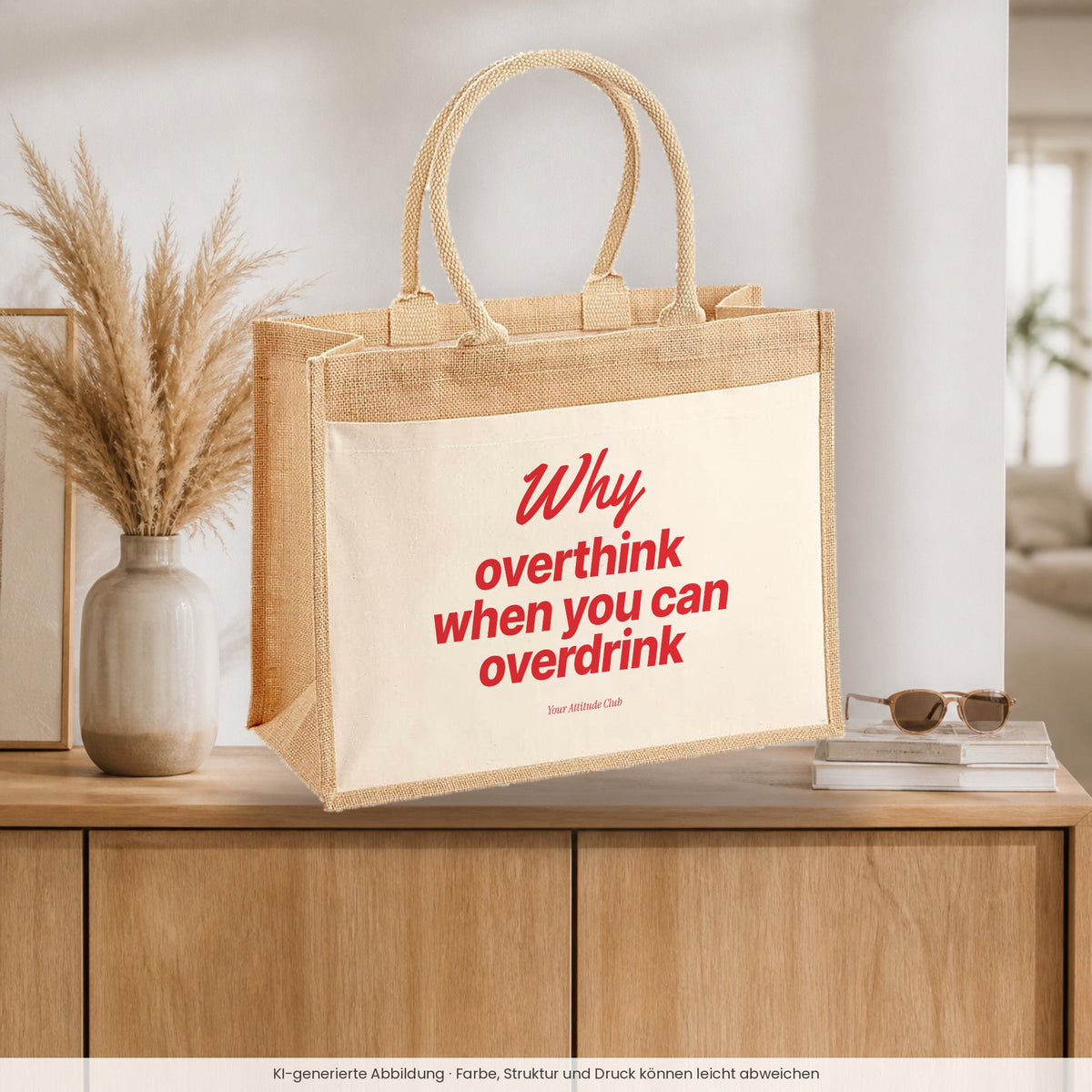 Why Overthink When You Can Overdrink – Jutetasche mit Spruch, auf dem Sideboard im Flur
