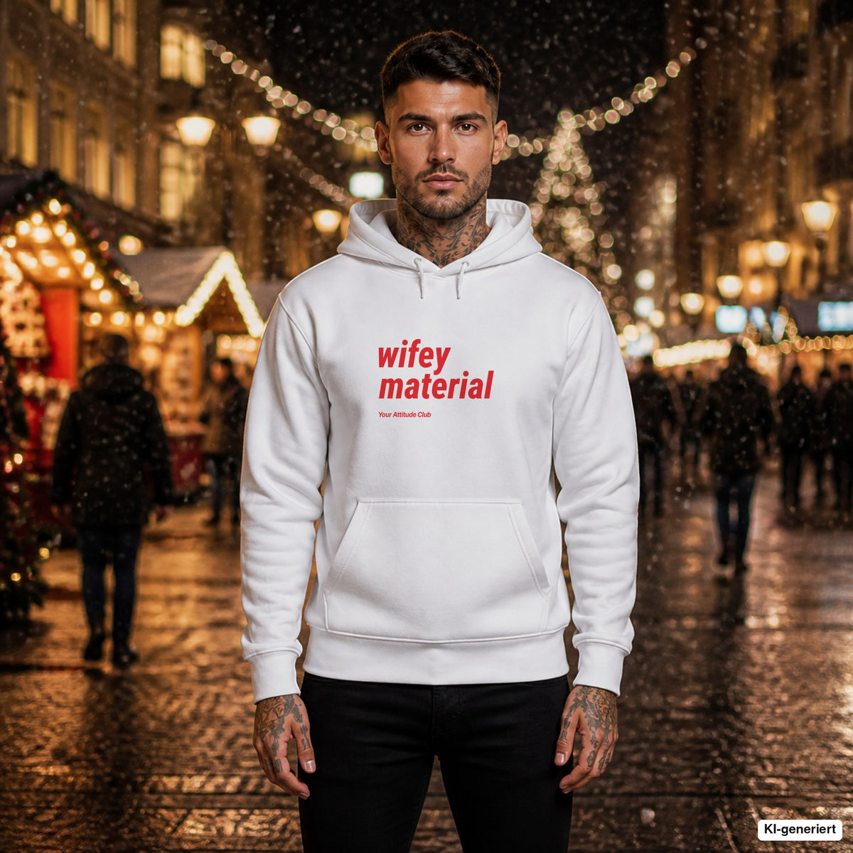 Wifey Material – weißer Hoodie mit rotem Frontprint, Herren auf dem Weihnachtsmarkt