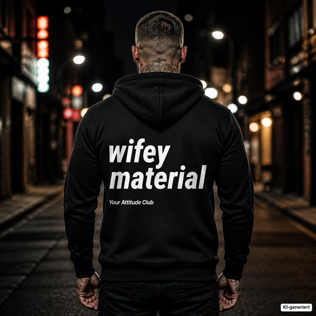 Wifey Material – schwarzer Hoodie mit weißem Backprint, Herren in der Stadt bei Nacht