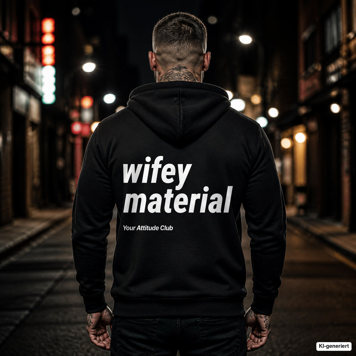 Wifey Material – schwarzer Hoodie mit weißem Backprint, Herren in der Stadt bei Nacht