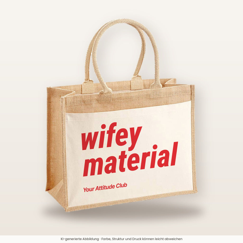 Wifey Material – Jutetasche mit Spruch, große Jutetasche, Produktansicht