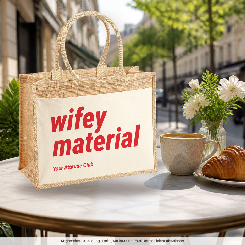 Wifey Material – Jutetasche mit Spruch, im Café