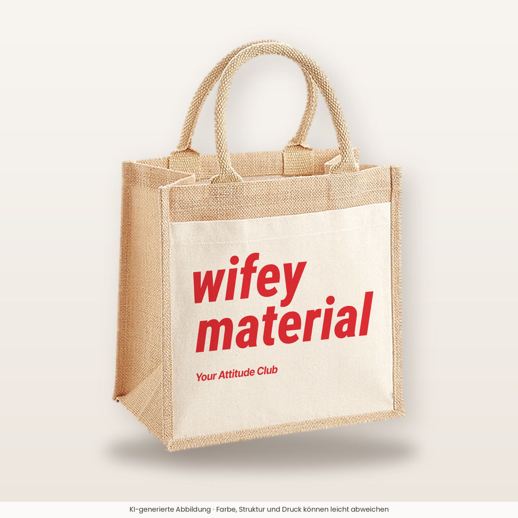 Wifey Material – Jutetasche mit Spruch, mittlere Jutetasche 30 × 30 cm