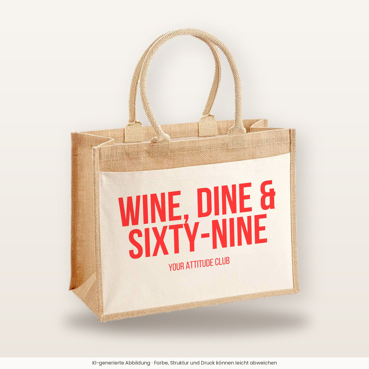 Wine, dine & sixty-nine – Jutetasche mit Spruch, große Jutetasche, Produktansicht