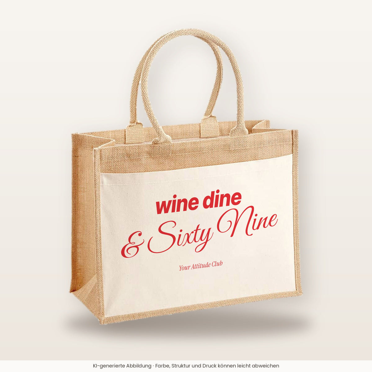 Wine Dine & Sixty Nine – Jutetasche mit Spruch, große Jutetasche, Produktansicht