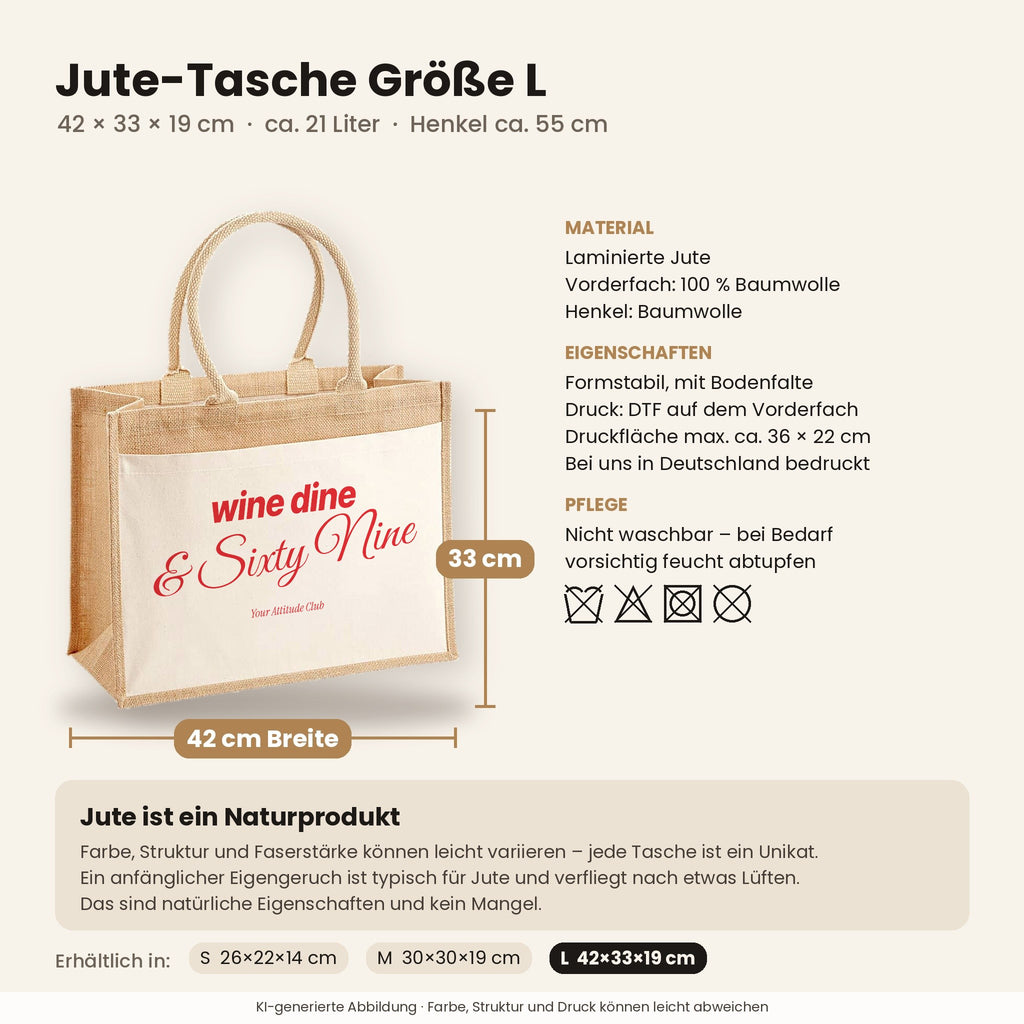 Wine Dine & Sixty Nine – Jutetasche mit Spruch, Maße, Material und Pflege