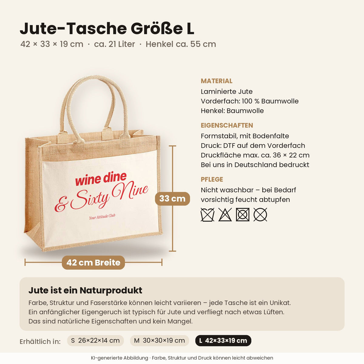 Wine Dine & Sixty Nine – Jutetasche mit Spruch, Maße, Material und Pflege