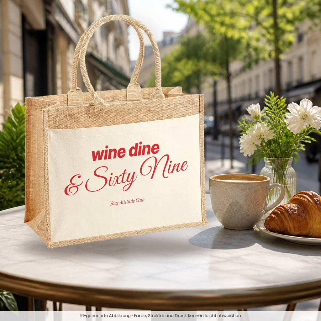 Wine Dine & Sixty Nine – Jutetasche mit Spruch, im Café