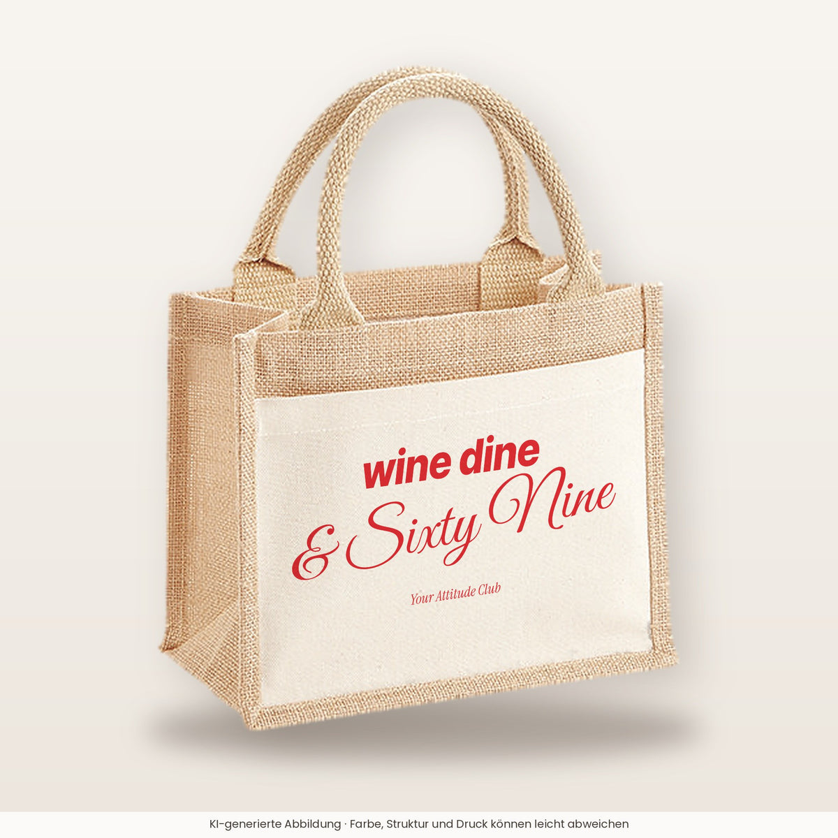 Wine Dine & Sixty Nine – Jutetasche mit Spruch, kleine Jutetasche 26 × 22 cm