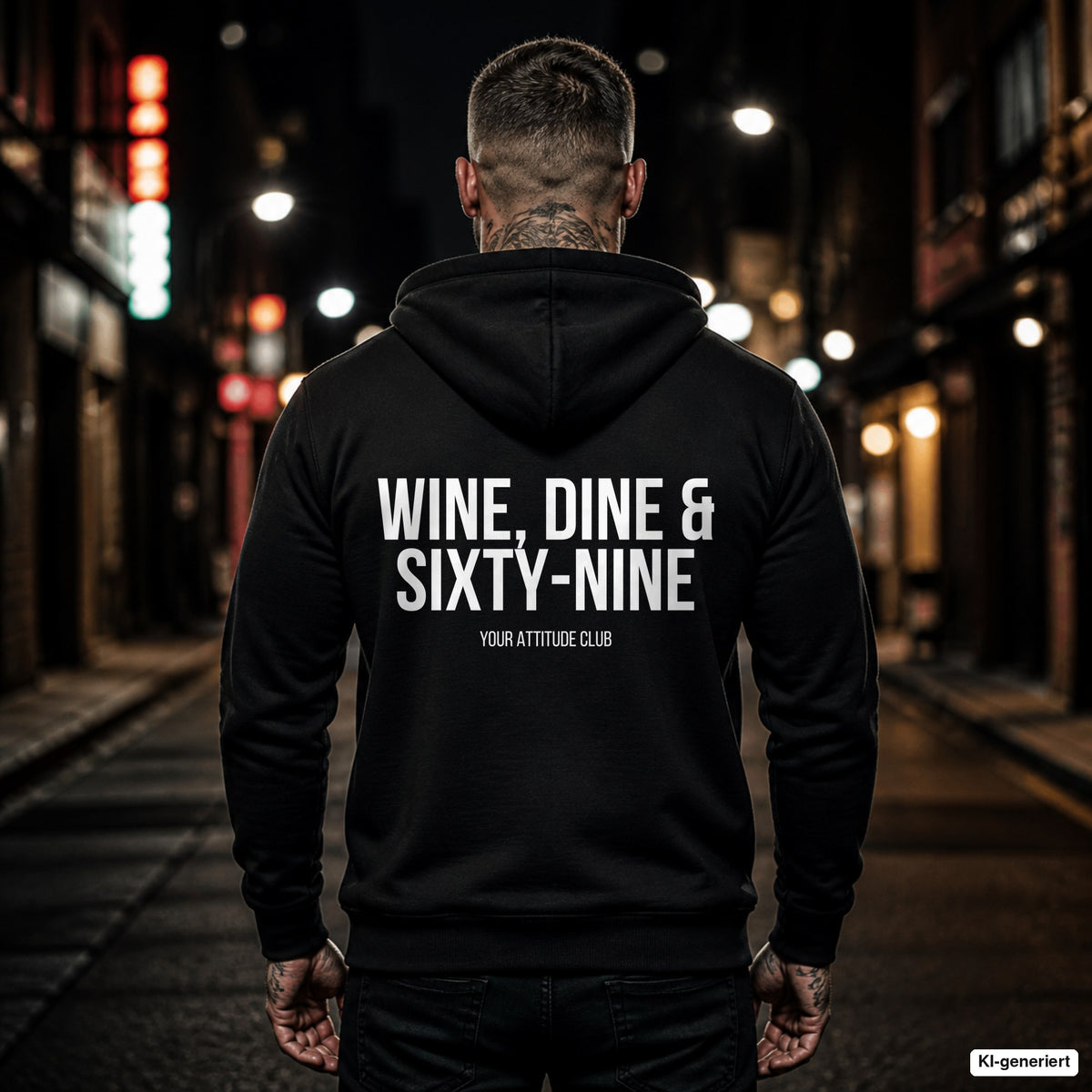 WINE, DINE & SIXTY-NINE – schwarzer Hoodie mit weißem Backprint, Herren in der Stadt bei Nacht