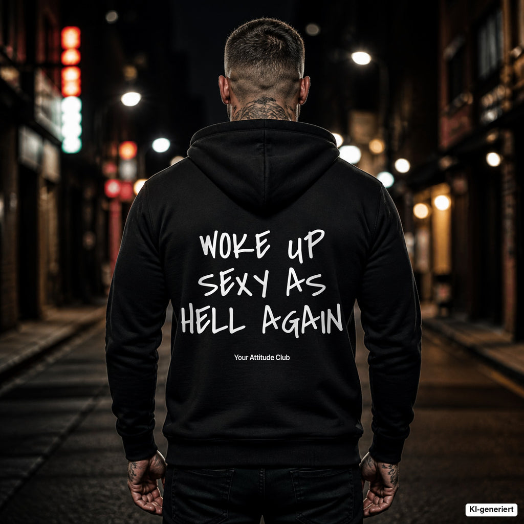Woke Up Sexy As Hell Again – schwarzer Hoodie mit weißem Backprint, Herren in der Stadt bei Nacht