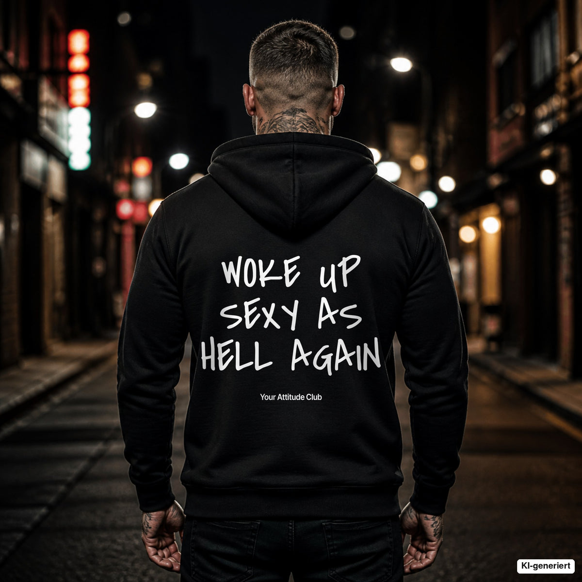 Woke Up Sexy As Hell Again – schwarzer Hoodie mit weißem Backprint, Herren in der Stadt bei Nacht
