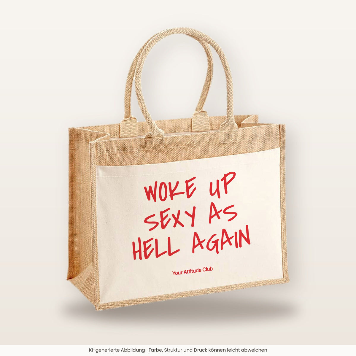 Woke Up Sexy As Hell Again – Jutetasche mit Spruch, große Jutetasche, Produktansicht