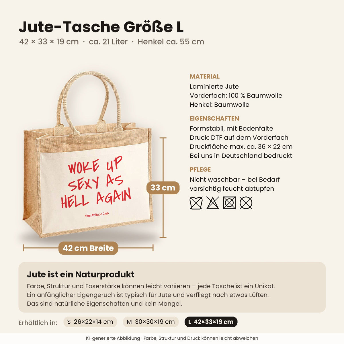Woke Up Sexy As Hell Again – Jutetasche mit Spruch, Maße, Material und Pflege