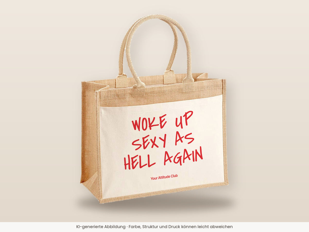 Woke Up Sexy As Hell Again – Jutetasche mit Spruch, große Jutetasche, Detailansicht