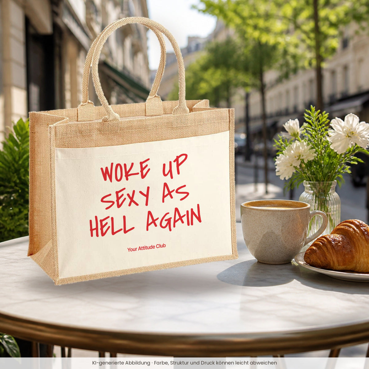 Woke Up Sexy As Hell Again – Jutetasche mit Spruch, im Café