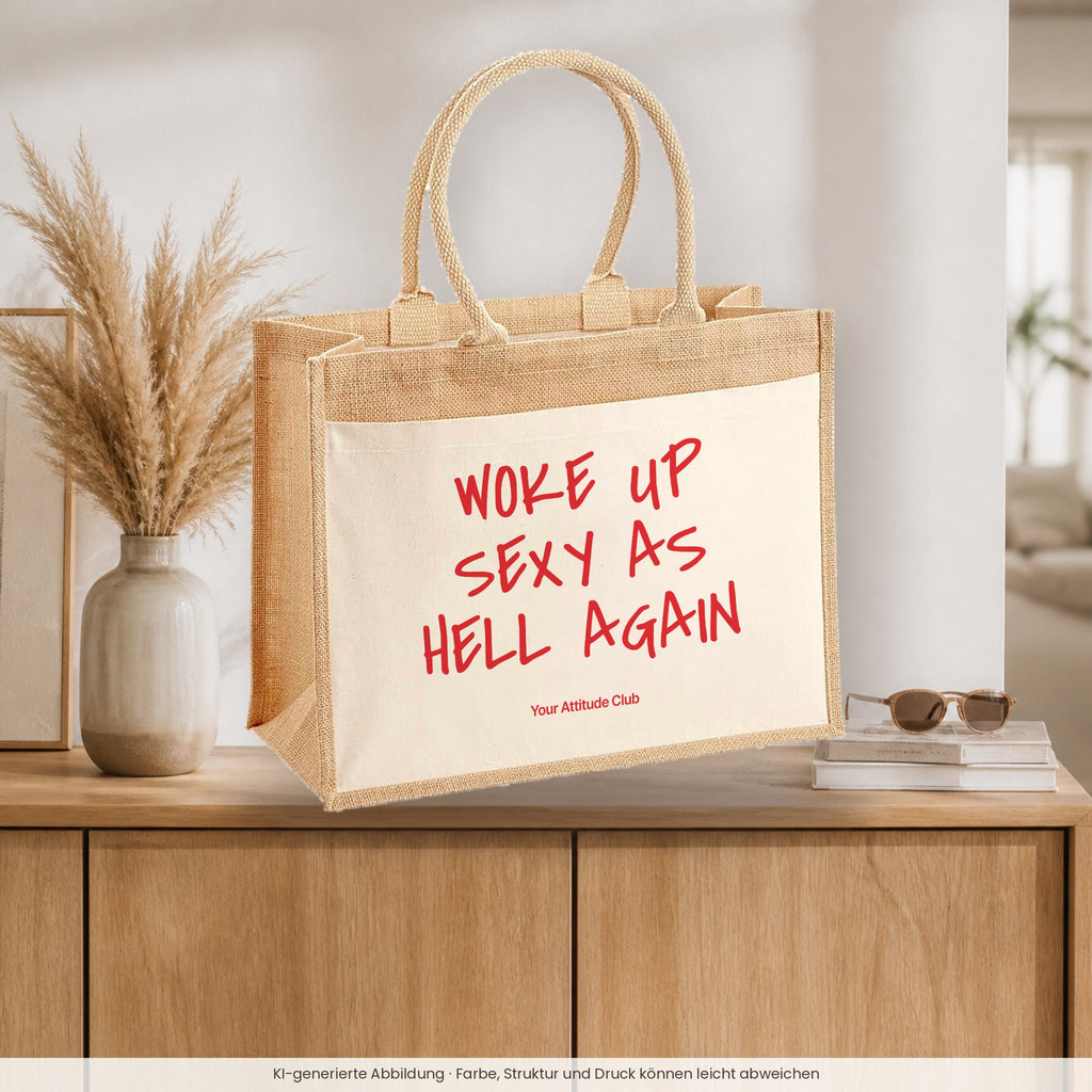 Woke Up Sexy As Hell Again – Jutetasche mit Spruch, auf dem Sideboard im Flur