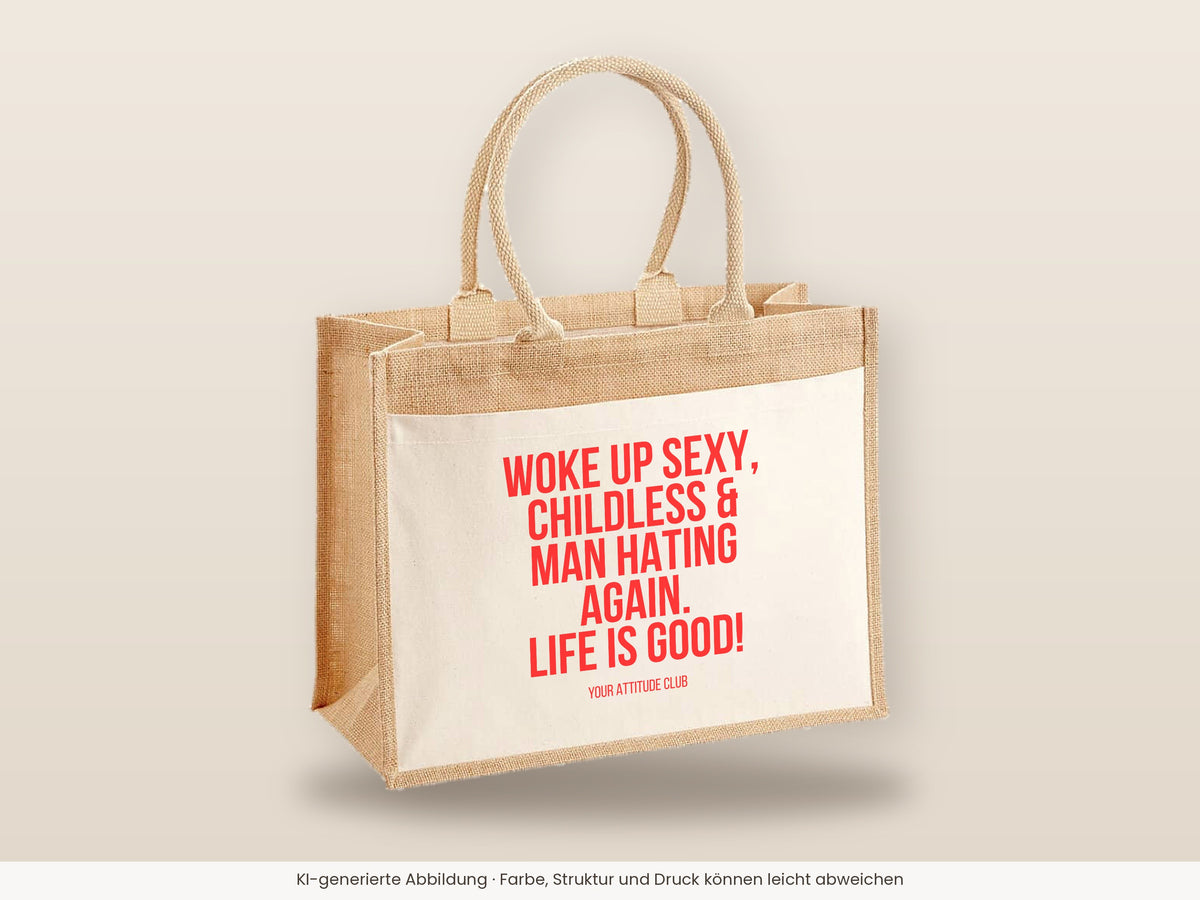 Woke up sexy, childless & man hating again. Life is good! – Jutetasche mit Spruch, große Jutetasche, Detailansicht