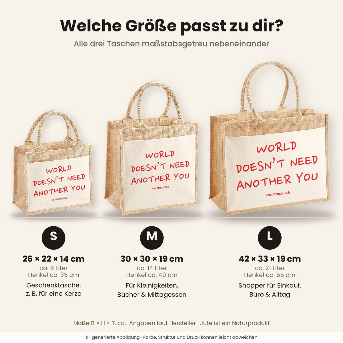 World Doesn’t Need Another You – Jutetasche mit Spruch, Größenvergleich klein, mittel, groß
