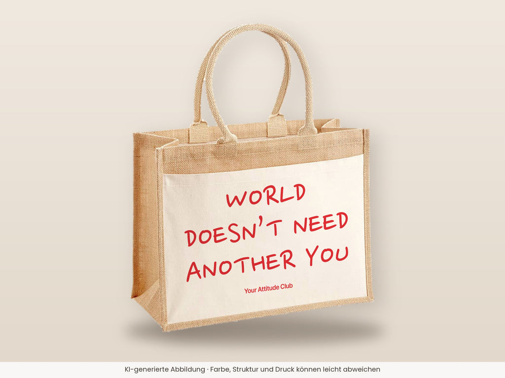 World Doesn’t Need Another You – Jutetasche mit Spruch, große Jutetasche, Detailansicht