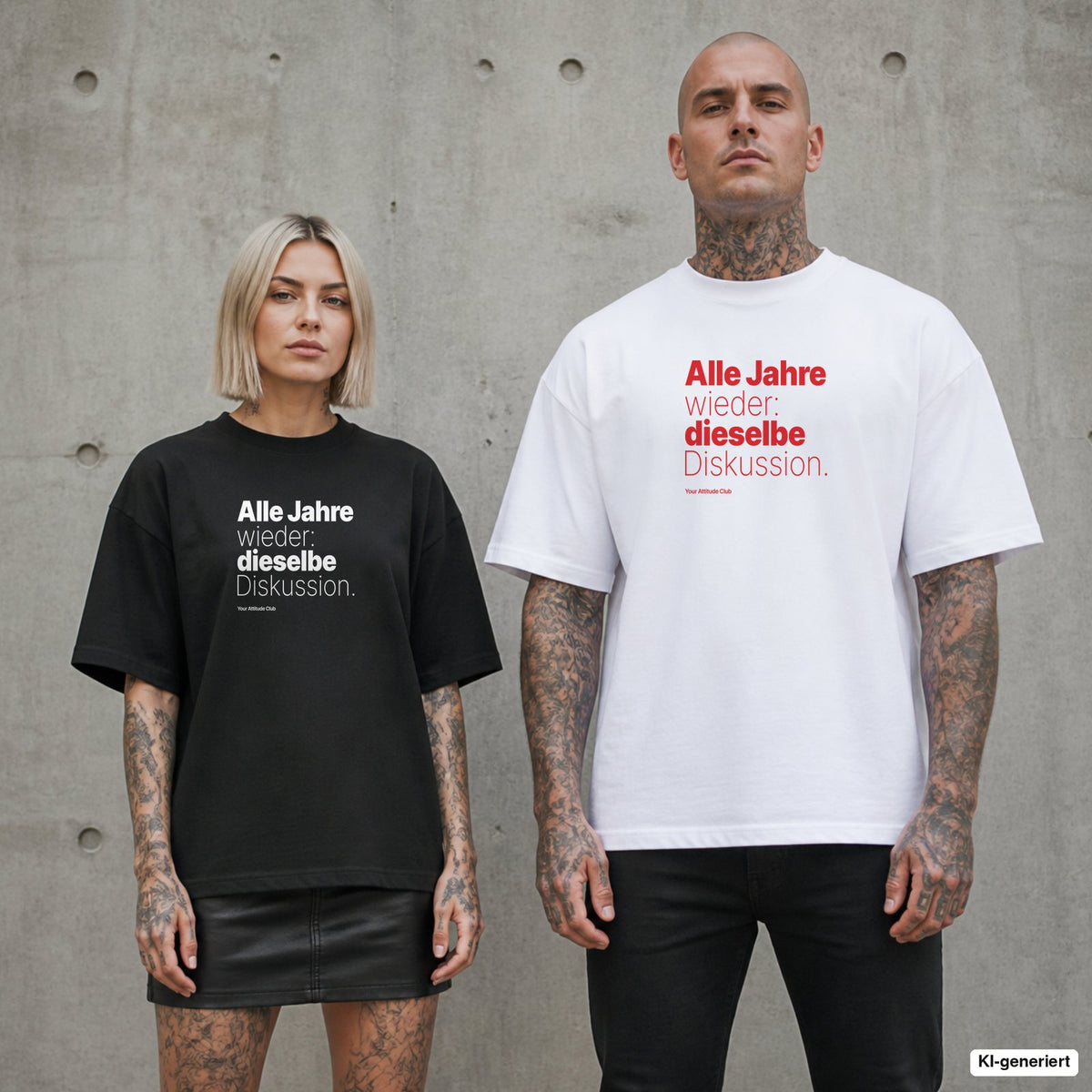 Alle Jahre wieder: dieselbe Diskussion. – Weihnachts-Shirt mit Spruch auf der Brust, Paar in Schwarz und Weiß