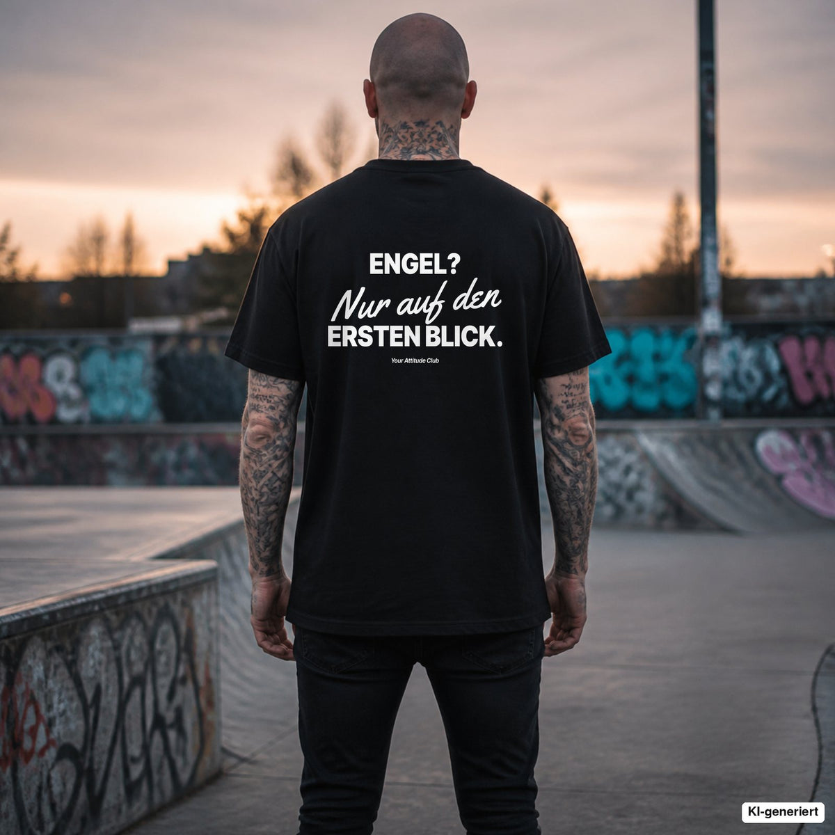 Engel? Nur auf den ersten Blick. – schwarzes Oversize T-Shirt mit weißem Backprint, Herren