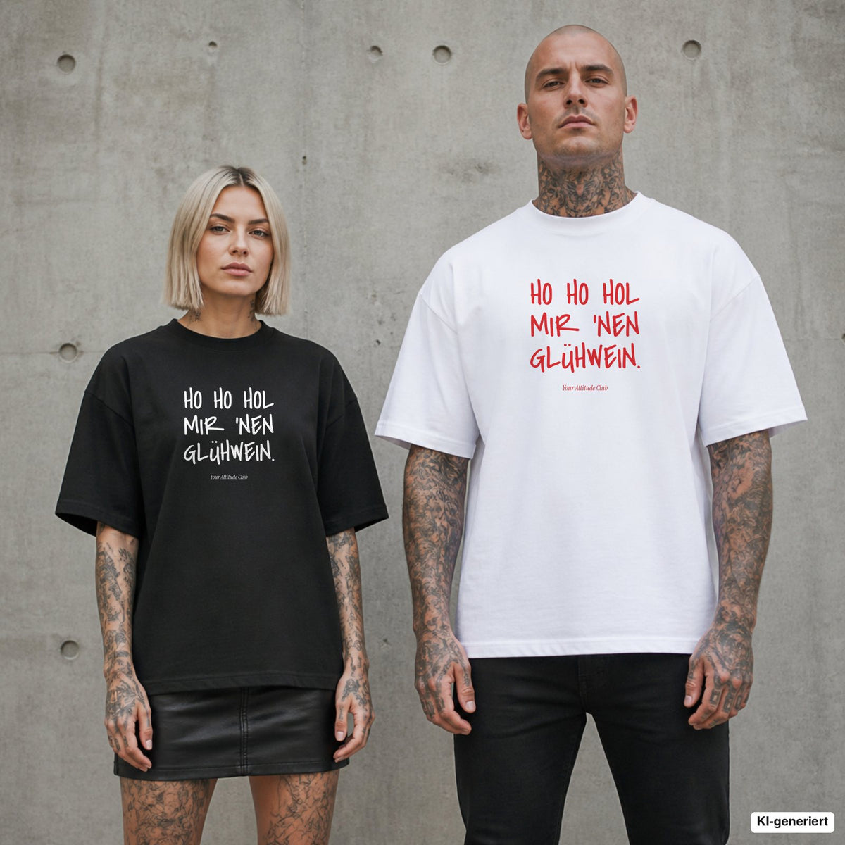 Ho Ho Hol mir 'nen Glühwein. – Weihnachts-Shirt mit Spruch auf der Brust, Paar in Schwarz und Weiß