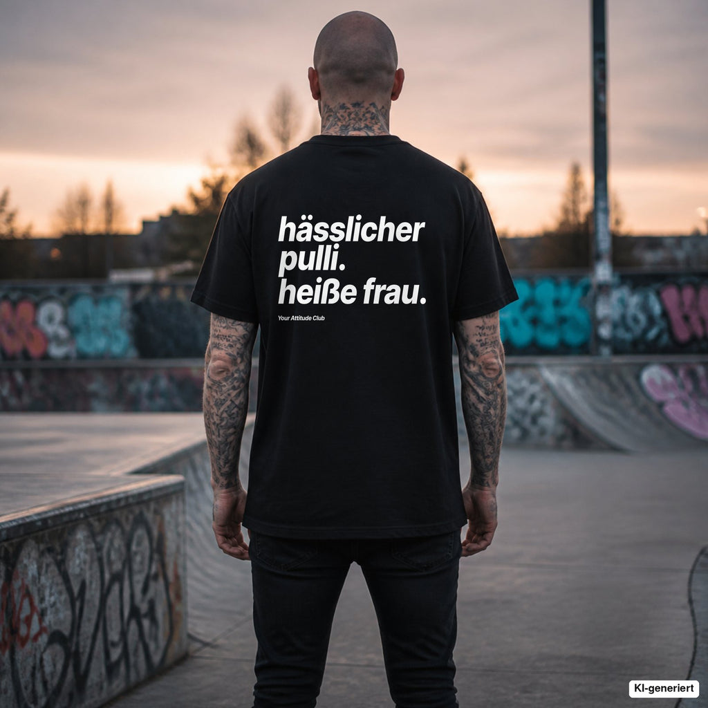 Hässlicher Pulli. Heiße Frau. – schwarzes Oversize T-Shirt mit weißem Backprint, Herren
