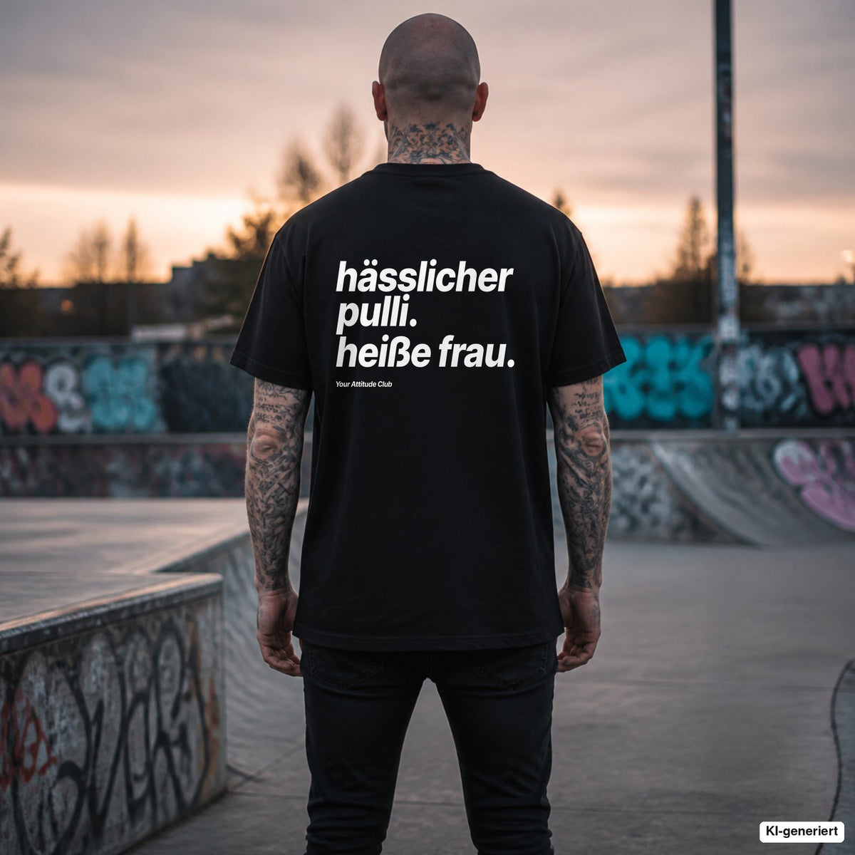Hässlicher Pulli. Heiße Frau. – schwarzes Oversize T-Shirt mit weißem Backprint, Herren
