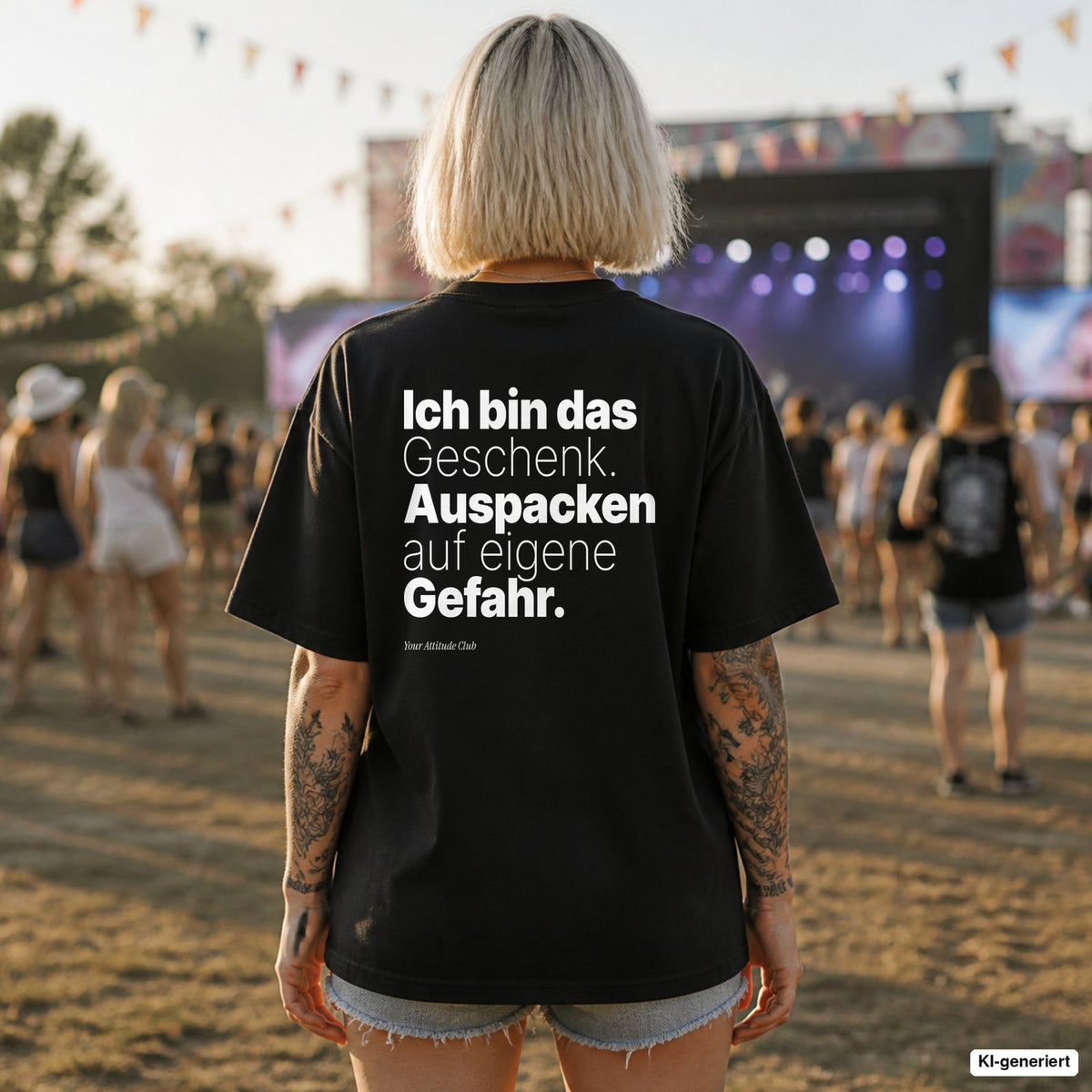 Ich bin das Geschenk. Auspacken auf eigene Gefahr. – schwarzes Weihnachts-Shirt mit weißem Backprint