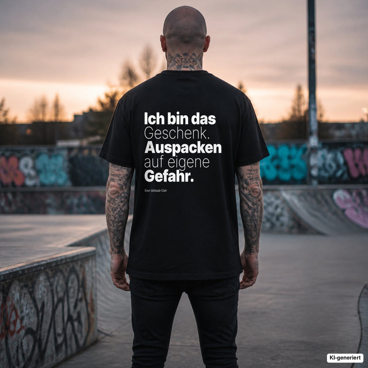 Ich bin das Geschenk. Auspacken auf eigene Gefahr. – schwarzes Oversize T-Shirt mit weißem Backprint, Herren