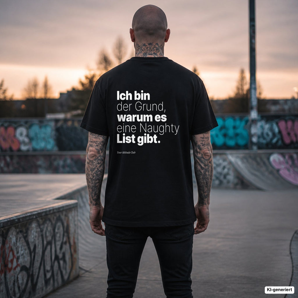 Ich bin der Grund, warum es eine Naughty List gibt. – schwarzes Oversize T-Shirt mit weißem Backprint, Herren