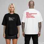 Mein Weihnachtswunsch liegt nicht unterm Baum. Sondern im Bett. – Weihnachts-Shirt Oversize mit Frontprint (Frau, Schwarz) und Backprint (Mann, Weiß)