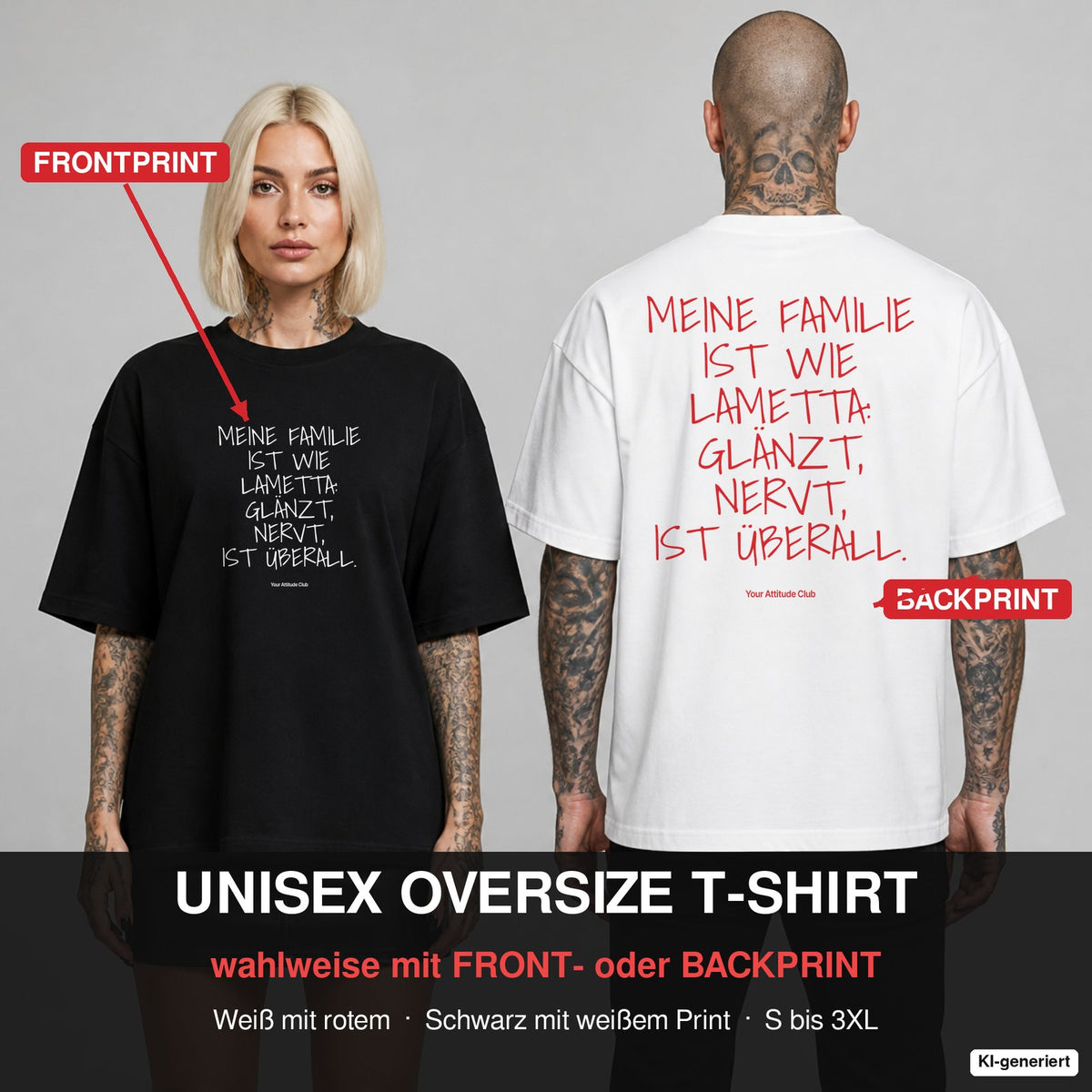 Meine Familie ist wie Lametta: glänzt, nervt, ist überall. – Weihnachts-Shirt Oversize wahlweise mit Frontprint oder Backprint