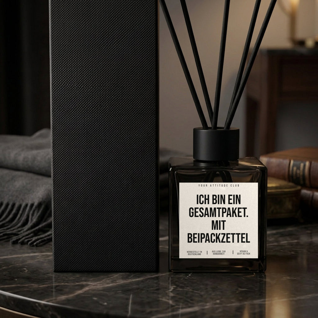 Diffusor Ich bin ein Gesamtpaket. Mit Beipackzettel. Nahaufnahme weißes Etikett