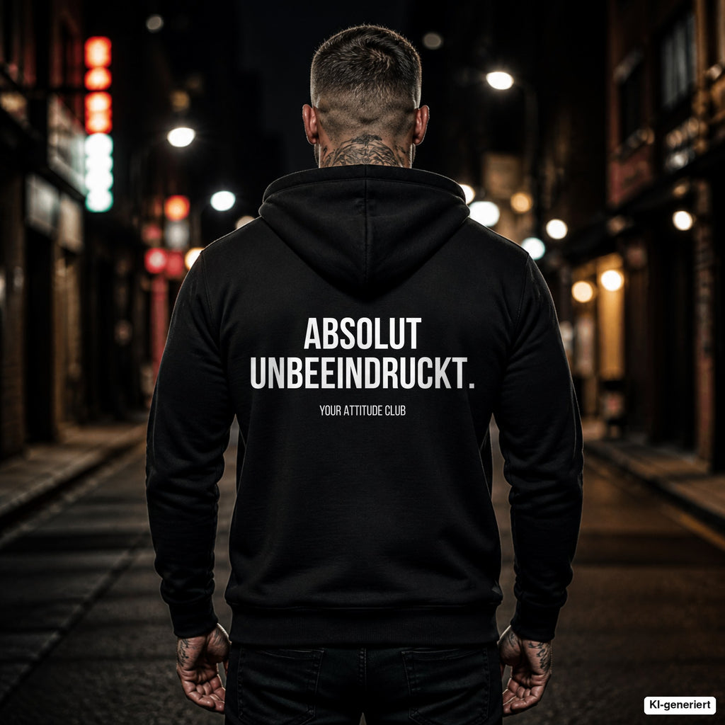 ABSOLUT UNBEEINDRUCKT. – schwarzer Hoodie mit weißem Backprint, Herren in der Stadt bei Nacht